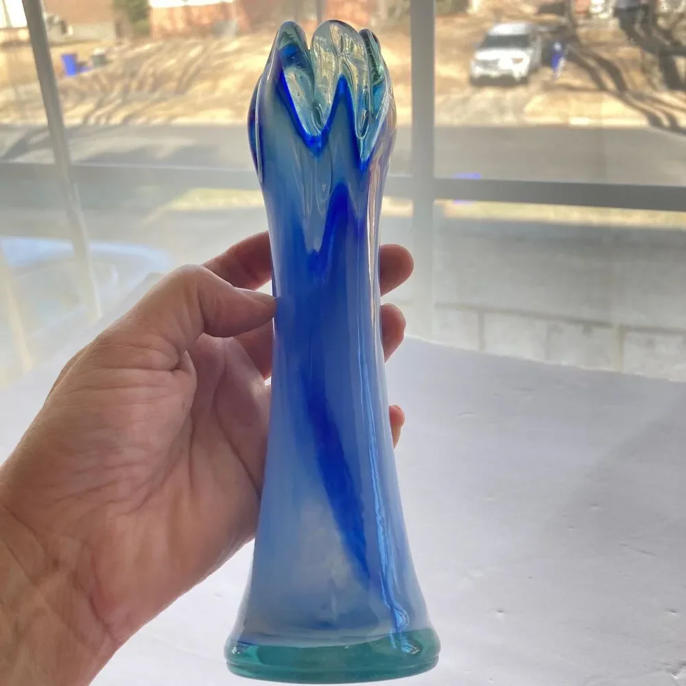 Vintage 5 Finger Blue White Swirl Swung Vase Art Glass Bud Vase Glass 8 inches